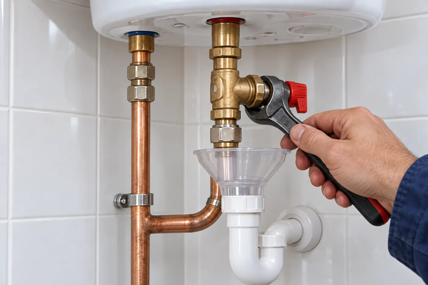 Groupe de sécurité, raccords laiton et tuyaux cuivre sous un chauffe-eau électrique, resserrés à la clé