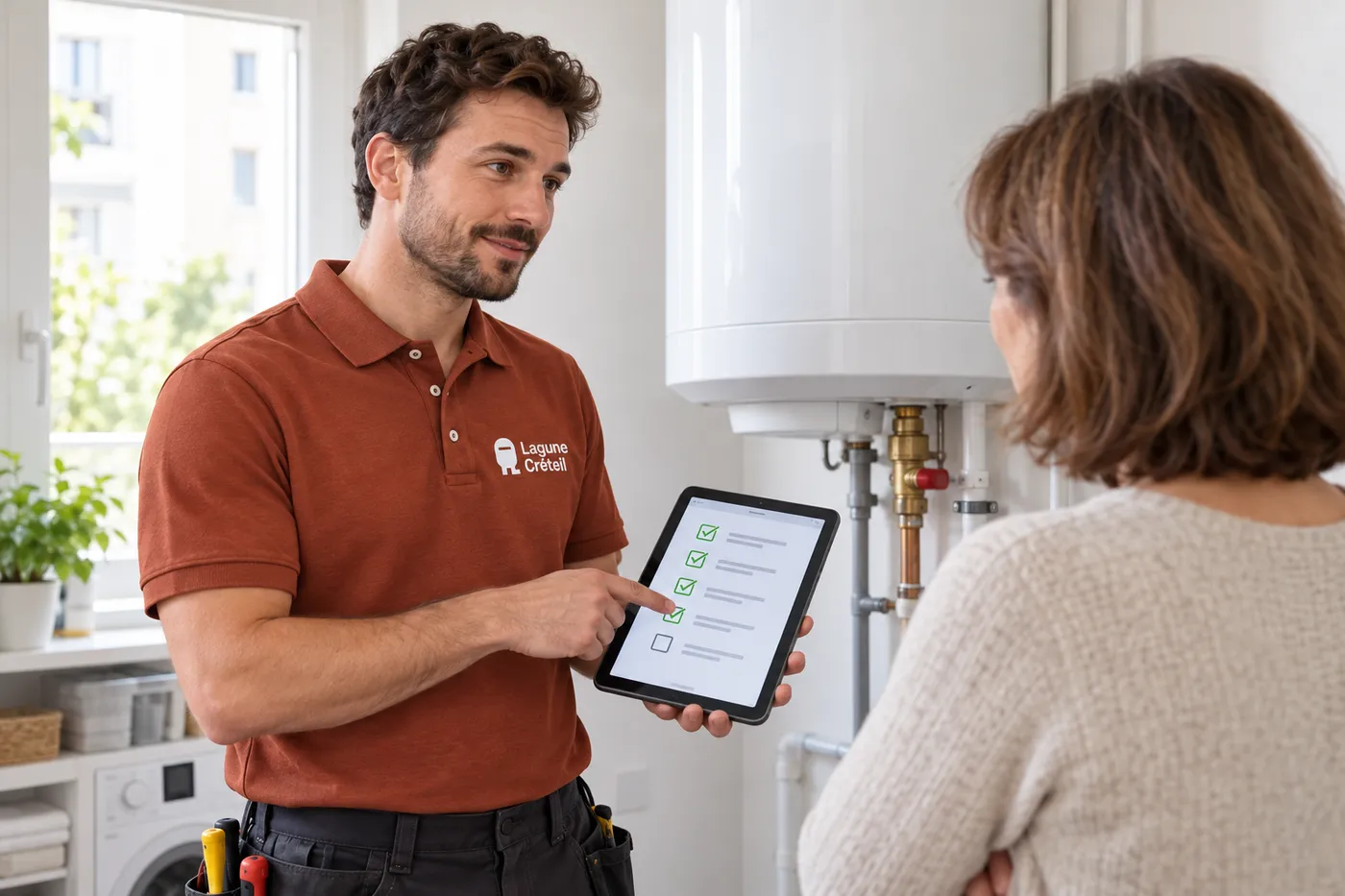 Plombier en polo Lagune Créteil expliquant son diagnostic sur tablette à une cliente, à côté d'un chauffe-eau mural